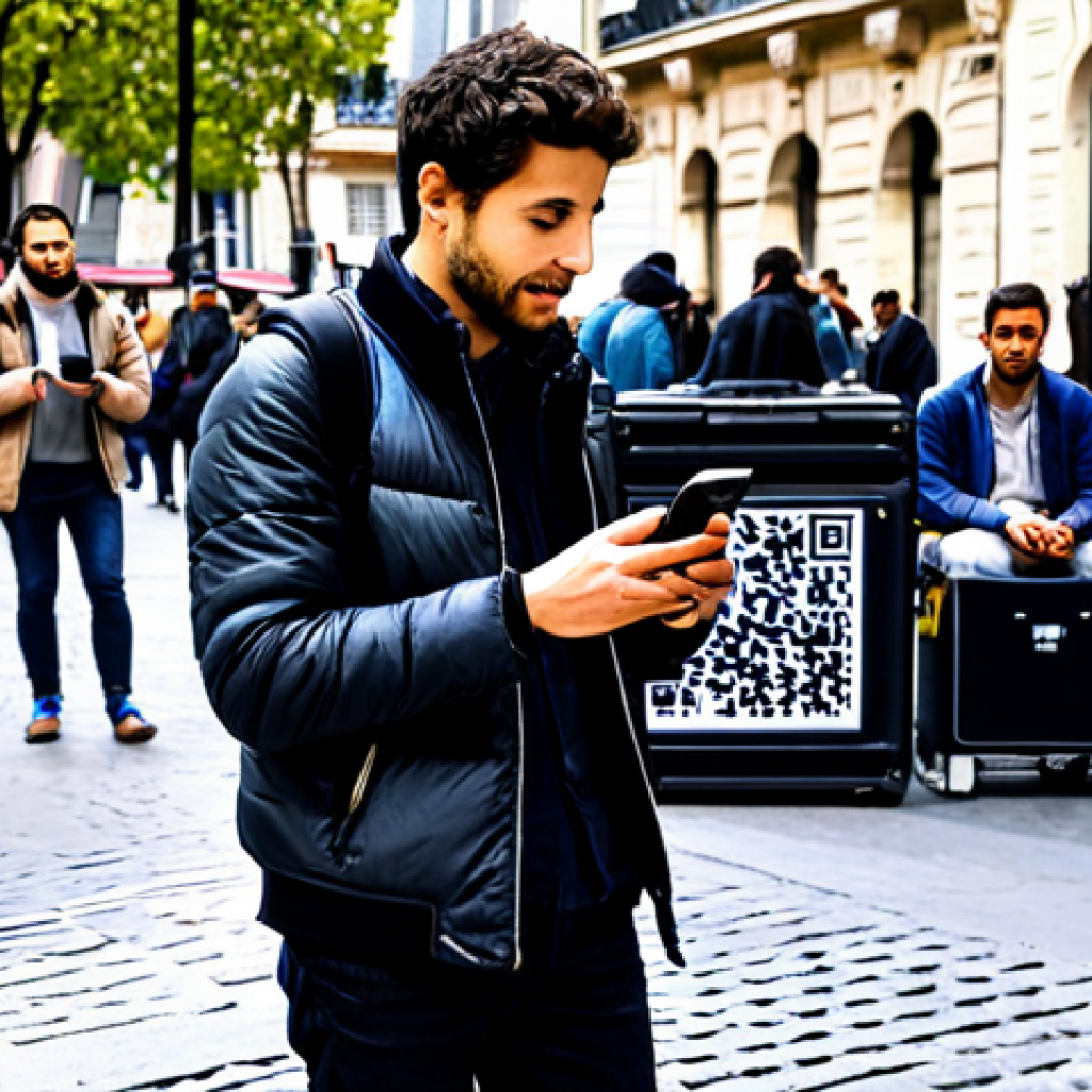 A professional street musician, a male guitarist, performing with energy in a bustling Parisian square. He wears a modest yet stylish professional street attire. A small, appreciative crowd gathers around him, with some individuals holding smartphones to scan a clearly visible QR code for digital tips displayed near his open instrument case. The background features charming historic Parisian architecture and a vibrant street life under natural daylight. This image captures the intersection of traditional street art and modern digital monetization. safe for work, appropriate content, fully clothed, professional, perfect anatomy, correct proportions, natural pose, well-formed hands, proper finger count, natural body proportions, high quality.