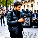 A professional street musician, a male guitarist, performing with energy in a bustling Parisian square. He wears a modest yet stylish professional street attire. A small, appreciative crowd gathers around him, with some individuals holding smartphones to scan a clearly visible QR code for digital tips displayed near his open instrument case. The background features charming historic Parisian architecture and a vibrant street life under natural daylight. This image captures the intersection of traditional street art and modern digital monetization. safe for work, appropriate content, fully clothed, professional, perfect anatomy, correct proportions, natural pose, well-formed hands, proper finger count, natural body proportions, high quality.