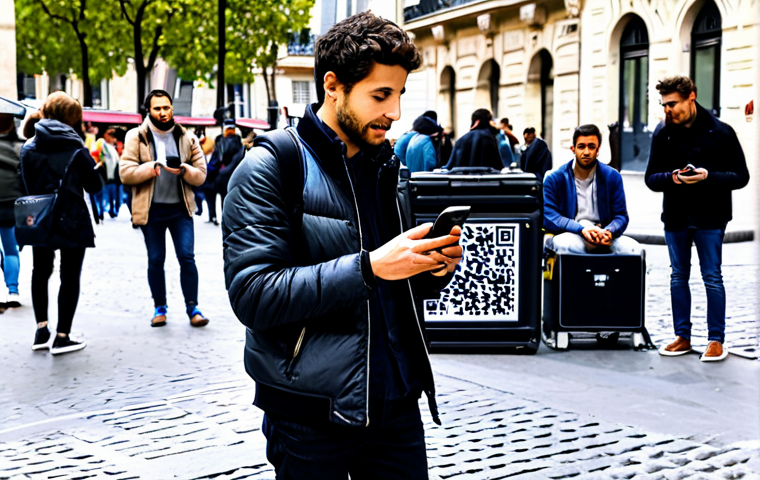 A professional street musician, a male guitarist, performing with energy in a bustling Parisian square. He wears a modest yet stylish professional street attire. A small, appreciative crowd gathers around him, with some individuals holding smartphones to scan a clearly visible QR code for digital tips displayed near his open instrument case. The background features charming historic Parisian architecture and a vibrant street life under natural daylight. This image captures the intersection of traditional street art and modern digital monetization. safe for work, appropriate content, fully clothed, professional, perfect anatomy, correct proportions, natural pose, well-formed hands, proper finger count, natural body proportions, high quality.