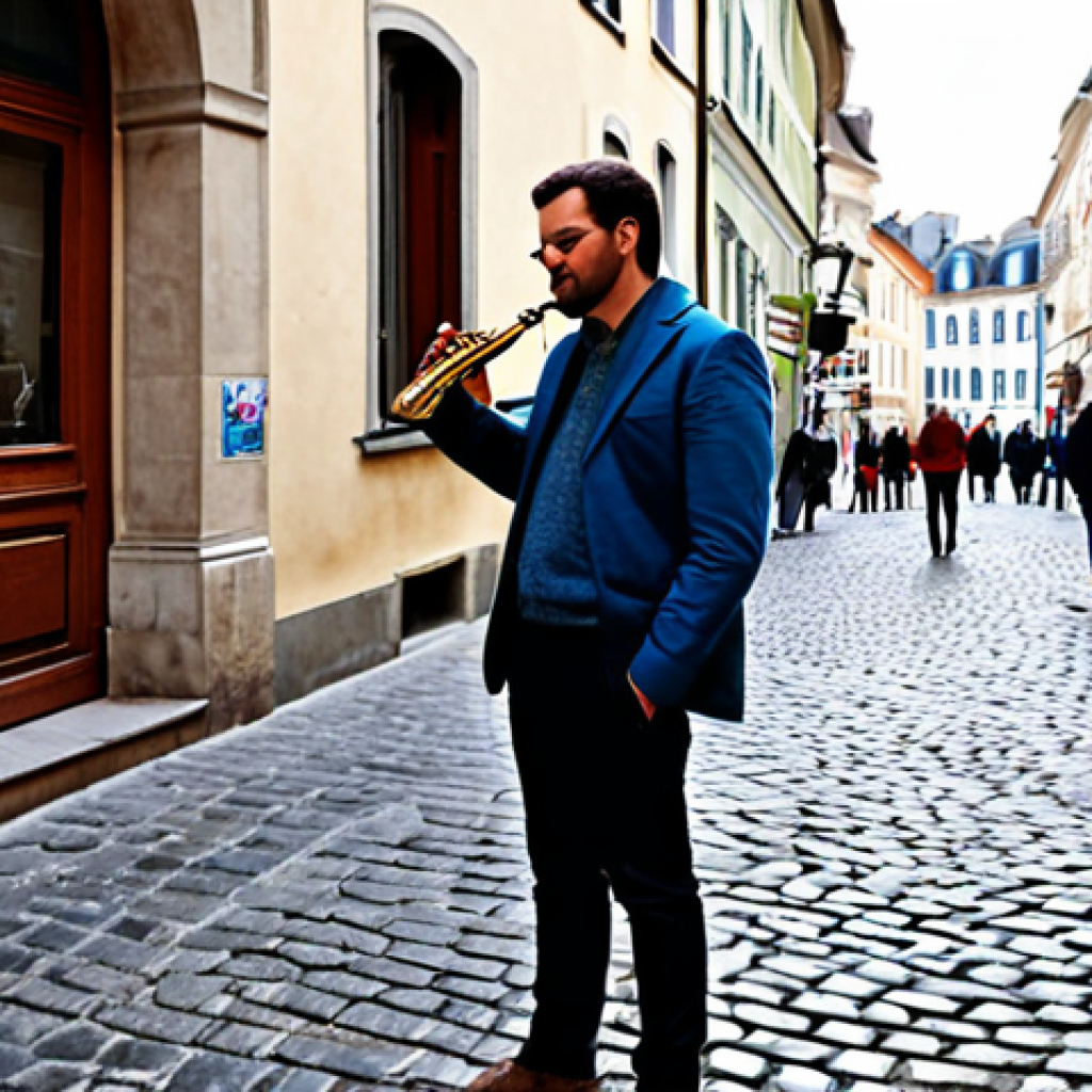 A male street musician, fully clothed in a modest, smart-casual outfit, expertly playing a saxophone on a charming cobblestone street corner in a historic European city. The background features blurred classical architecture and a few passersby. A small, subtle sign with a QR code for virtual tips is visible next to him. The scene captures the essence of urban spontaneity and cultural expression. High quality, professional photography, perfect anatomy, correct proportions, natural pose, well-formed hands, safe for work, appropriate content, family-friendly.