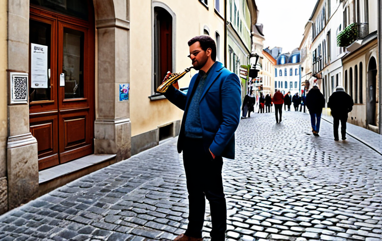 A male street musician, fully clothed in a modest, smart-casual outfit, expertly playing a saxophone on a charming cobblestone street corner in a historic European city. The background features blurred classical architecture and a few passersby. A small, subtle sign with a QR code for virtual tips is visible next to him. The scene captures the essence of urban spontaneity and cultural expression. High quality, professional photography, perfect anatomy, correct proportions, natural pose, well-formed hands, safe for work, appropriate content, family-friendly.