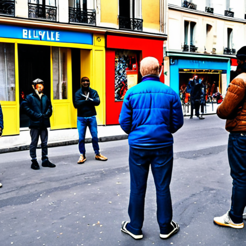 **

"A diverse group of people watching a street theatre performance in Belleville, Paris. The actors are fully clothed and portraying migrants in a modest and respectful manner. The background shows Parisian buildings and a lively street scene. Safe for work, appropriate content, professional, perfect anatomy, natural proportions, family-friendly, fully clothed, modest clothing, high quality."

**
