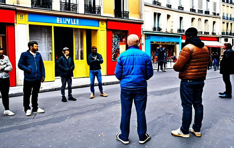 **

"A diverse group of people watching a street theatre performance in Belleville, Paris. The actors are fully clothed and portraying migrants in a modest and respectful manner. The background shows Parisian buildings and a lively street scene. Safe for work, appropriate content, professional, perfect anatomy, natural proportions, family-friendly, fully clothed, modest clothing, high quality."

**
