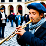 Street Musician**

A street musician playing a flute in a lively Parisian square, fully clothed in appropriate attire, with a beret and scarf. Cobblestone streets, classic French architecture in the background, a small crowd gathered around. Safe for work, perfect anatomy, natural proportions, professional photography, modest attire, family-friendly.

**