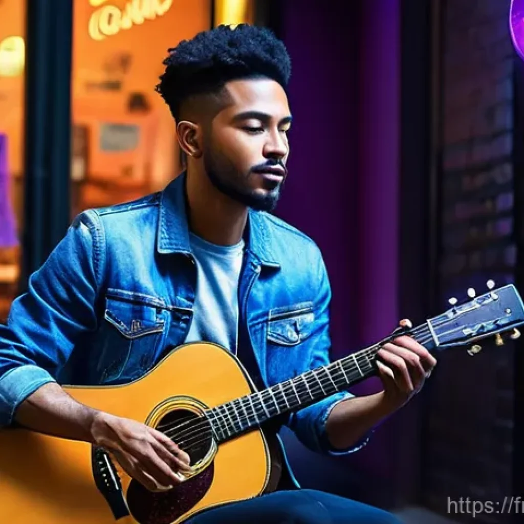 거리공연을 위한 온라인 상영 - **Prompt for "Street Artist Conquers Digital Stage":**
    "A male street musician, approximately 25...