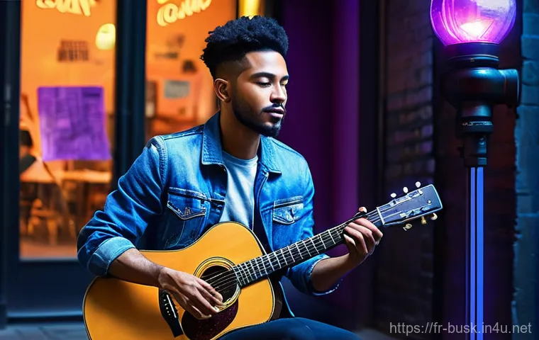 거리공연을 위한 온라인 상영 - **Prompt for "Street Artist Conquers Digital Stage":**
    "A male street musician, approximately 25...