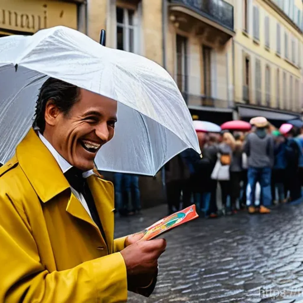 거리공연의 관람객 참여 요소 - **Enchanting Street Magic in Rainy Lyon:**
"A charismatic street magician, a man in his late 30s...