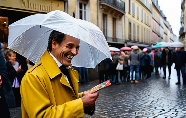 거리공연의 관람객 참여 요소 - **Enchanting Street Magic in Rainy Lyon:**
    "A charismatic street magician, a man in his late 30s...
