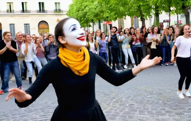 거리공연의 관람객 참여 요소 - **Enchanting Street Magic in Rainy Lyon:**
    "A charismatic street magician, a man in his late 30s...