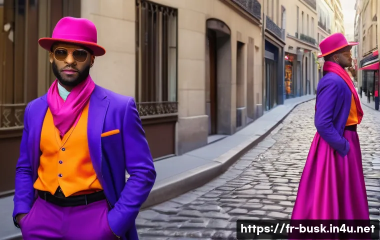 거리공연을 위한 의상 디자인 아이디어 - A vibrant street performer outfit featuring a bold, warm color palette dominated by bright orange an...