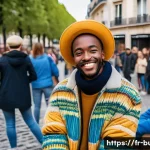 Home 22 거리공연의 관객과의 소통 기술 - A charismatic street performer engaging a diverse Parisian audience in an open urban square during d...