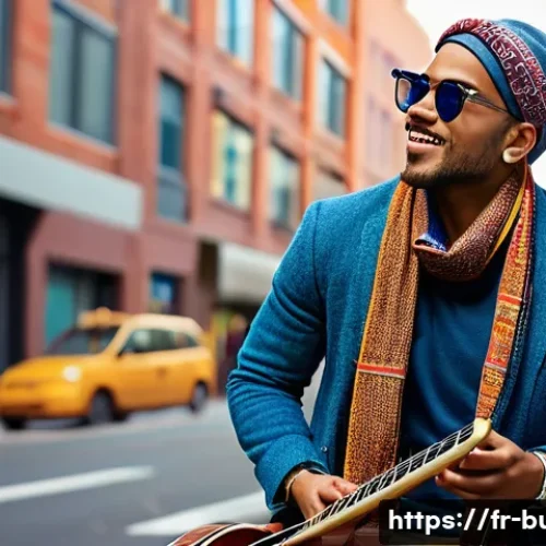 Home 33 거리공연용 옷과 의상 - A stylish street musician performing outdoors in a vibrant urban setting during early evening, weari...