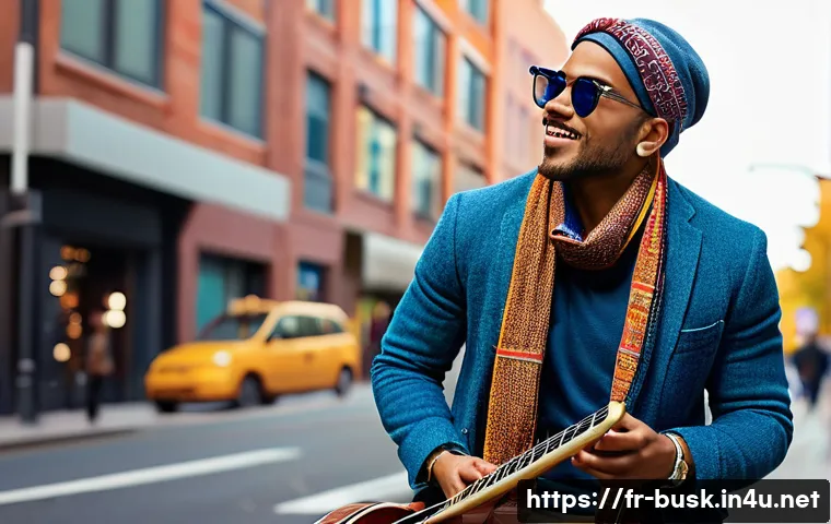 거리공연용 옷과 의상 - A stylish street musician performing outdoors in a vibrant urban setting during early evening, weari...