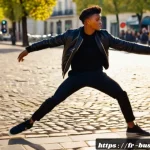 Home 20 거리공연의 촬영 및 편집 기법 - A dynamic street performance scene in Paris during golden hour, featuring a skilled dancer captured ...