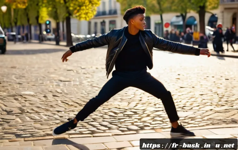 거리공연의 촬영 및 편집 기법 - A dynamic street performance scene in Paris during golden hour, featuring a skilled dancer captured ...