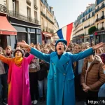 Home 19 거리공연의 정치적 메시지 - A dynamic street theater scene in a bustling Parisian square during a protest, featuring actors in c...
