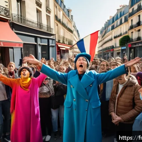 Home 31 거리공연의 정치적 메시지 - A dynamic street theater scene in a bustling Parisian square during a protest, featuring actors in c...