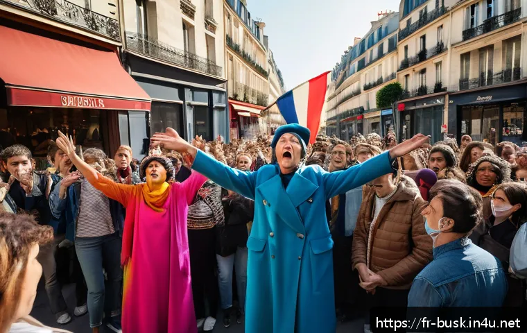 거리공연의 정치적 메시지 - A dynamic street theater scene in a bustling Parisian square during a protest, featuring actors in c...