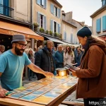 Home 18 거리공연의 경비 절감 방법 - A vibrant outdoor street festival scene in a small French town square during golden hour, featuring ...
