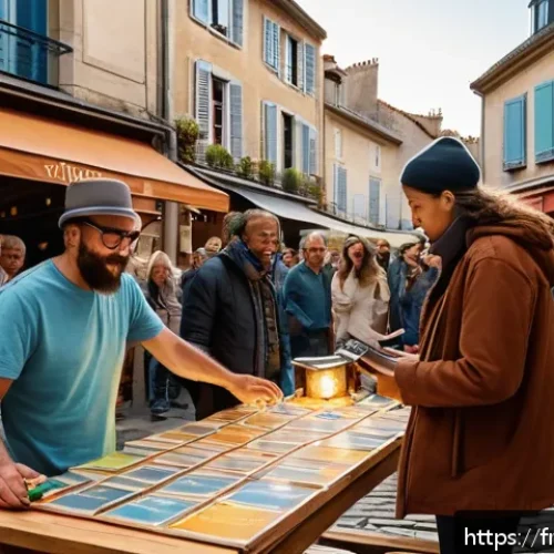Home 30 거리공연의 경비 절감 방법 - A vibrant outdoor street festival scene in a small French town square during golden hour, featuring ...
