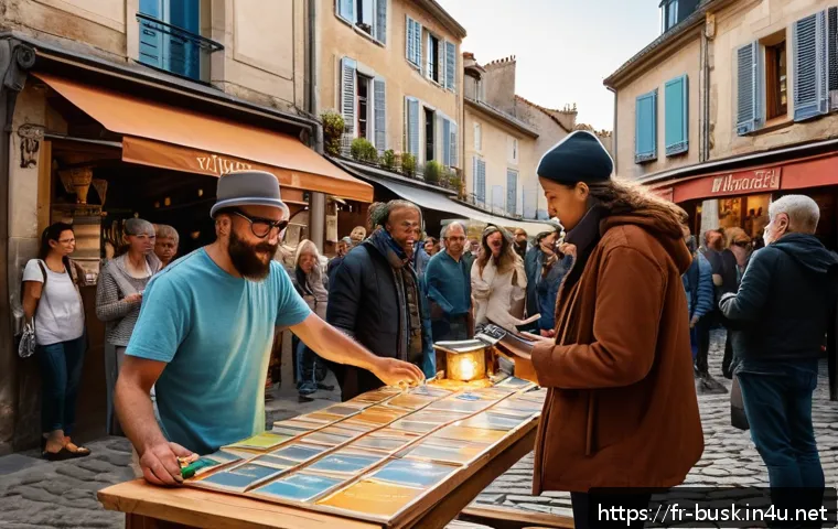 거리공연의 경비 절감 방법 - A vibrant outdoor street festival scene in a small French town square during golden hour, featuring ...