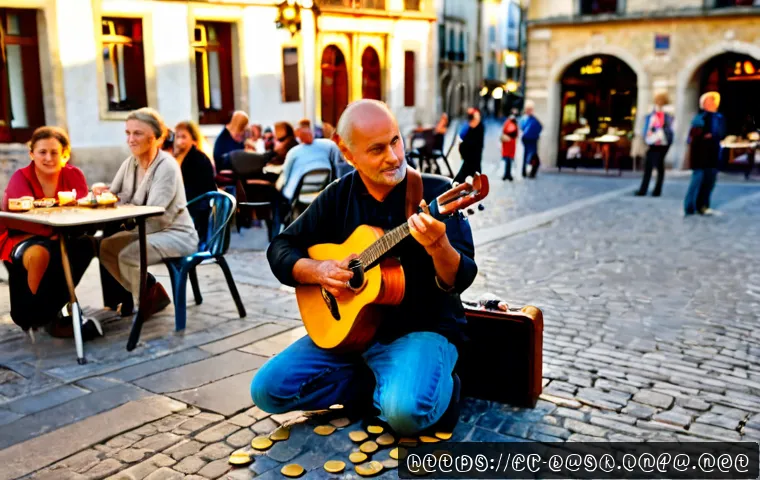 Home 17 거리공연 음악 장르 - Photorealistic wide street scene in a historic French pedestrian square at golden hour, a solo acous...