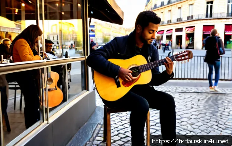 거리공연을 위한 SNS 마케팅 - Photorealistic Parisian street musician performing acoustic guitar beside a café-lined pedestrian sq...