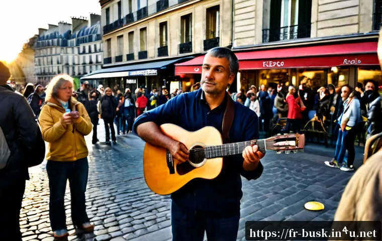 Home 17 거리공연의 장점과 단점 - Photorealistic Parisian street musician playing acoustic guitar beside a historic stone square, a sm...